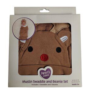 Parents Choice Muslin Swaddle and Beanie Cotton Reindeer Newborn Set